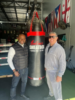 Sammy Anim Addo, Co Manager of John Laryea Meets Peter Kahn at Centenos SweatBox Boxing Gym, Florida