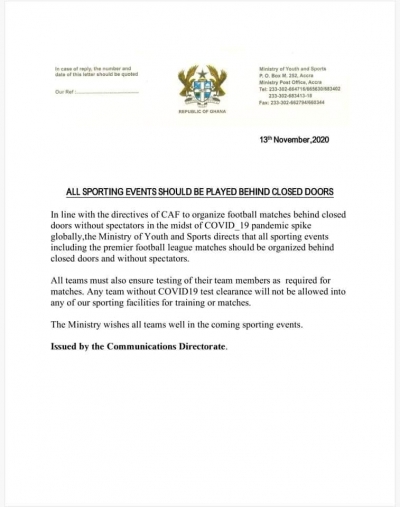 Sports Ministry blocks spectators from all sports events following COVID-19 spike