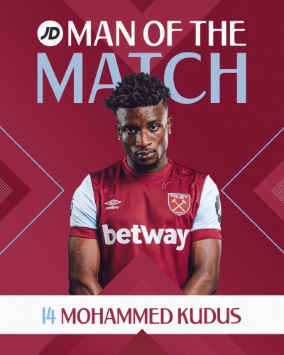 Mohammed Kudus bags West Ham Man of the Match Award after impressive display against Manchester United