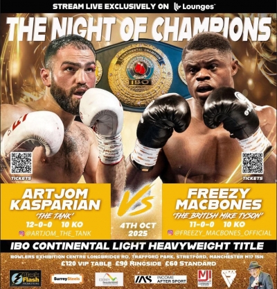 Freezy Macbones to fight 'The Tank' Artjom Kasparian for IBO and EBU titles on October 4